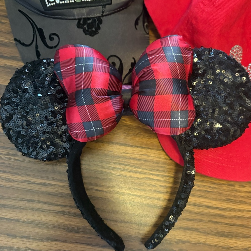 Disney Parks Minnie Mouse Hat & Sequin Ear Headband Bundle Red Black Rhinestone - Picture 4 of 9